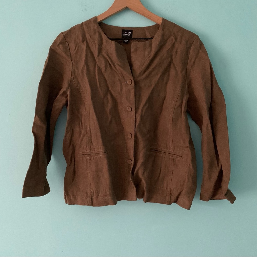 Eileen Fisher Irish Linen Button Front 3/4 Sleeve Cardigan Jacket S Breathable